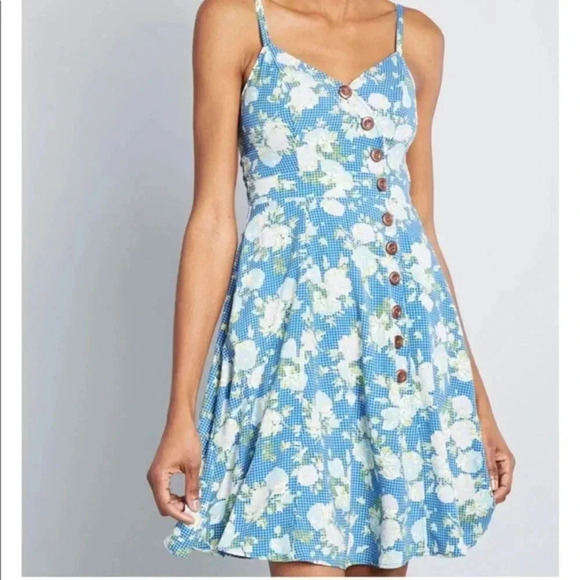 ModCloth Blue Grid Floral Sundress with Button Detailing Size S - Picture 1 of 6